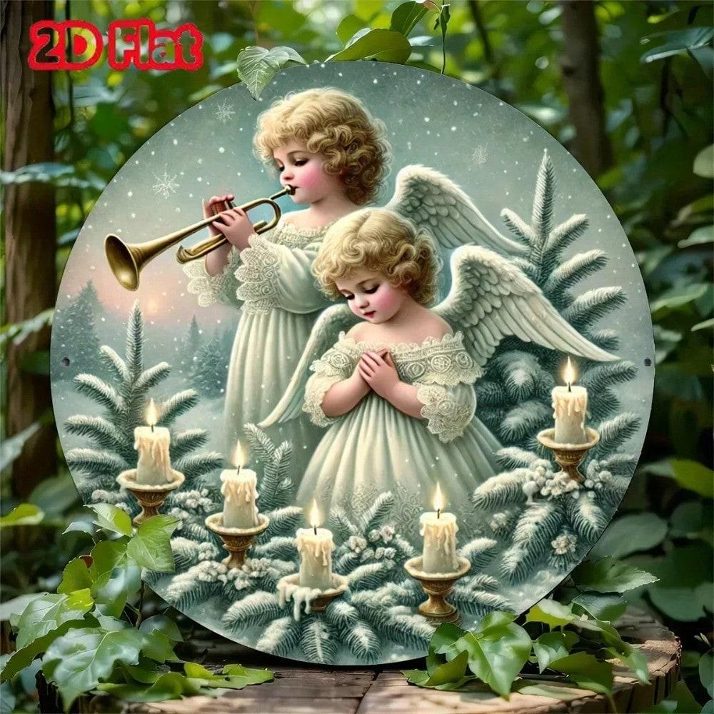 Tinplate Art Round Metal Sign Angel Christmas Tree Home Wall Decor