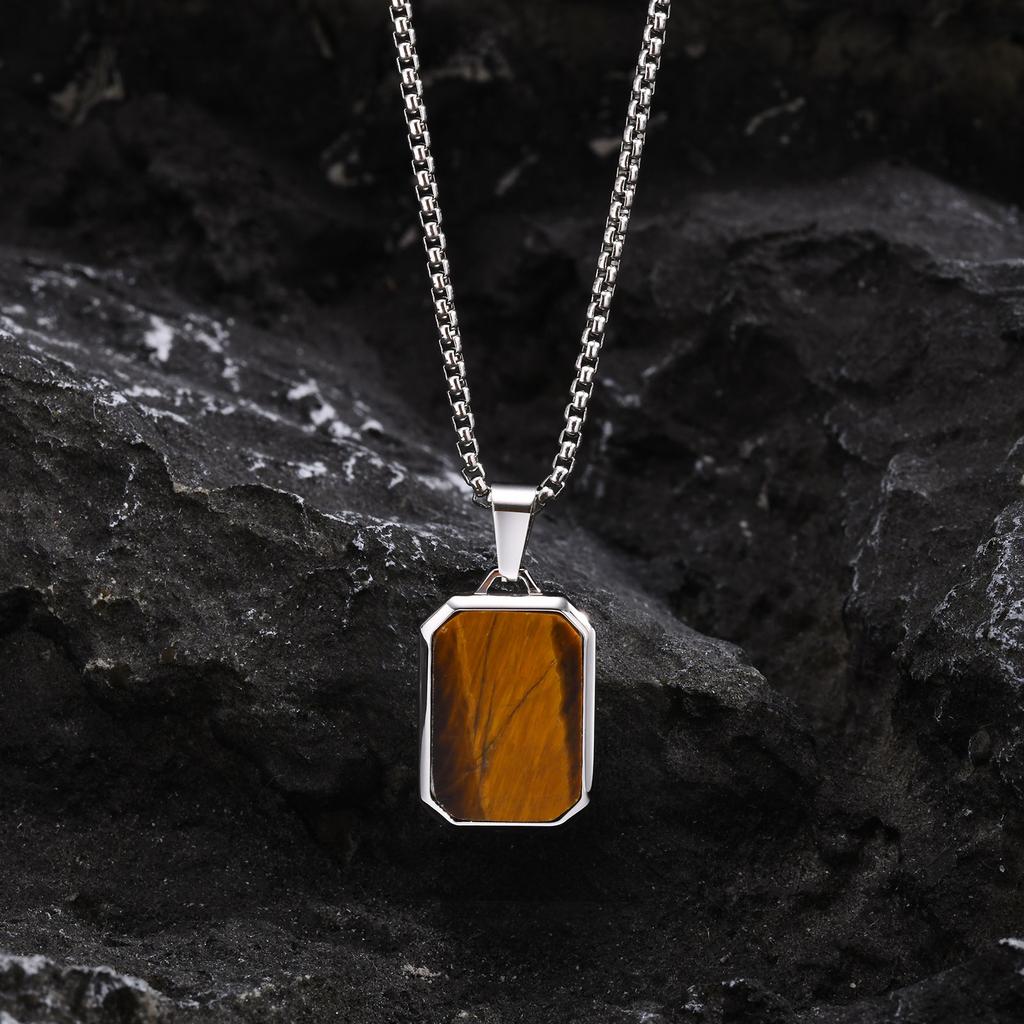 Stainless Steel Rectangle Natural Stone Pendant Necklaces, Minimalist Dainty Chain Necklace, Luxury Fashion Jewelry For Men Gift
