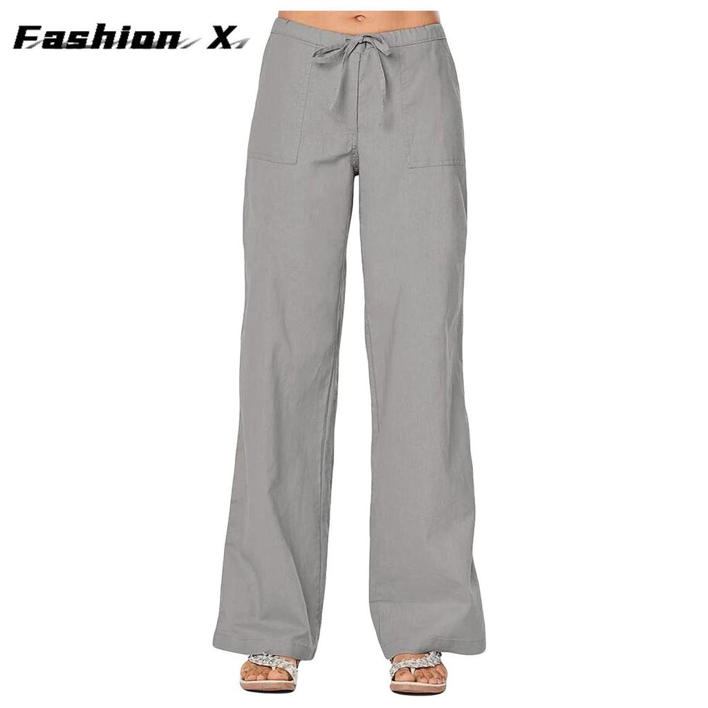 Große Größe frauen Elastische Taille Lange Leinen Casual Lose Breite Bein Hosen