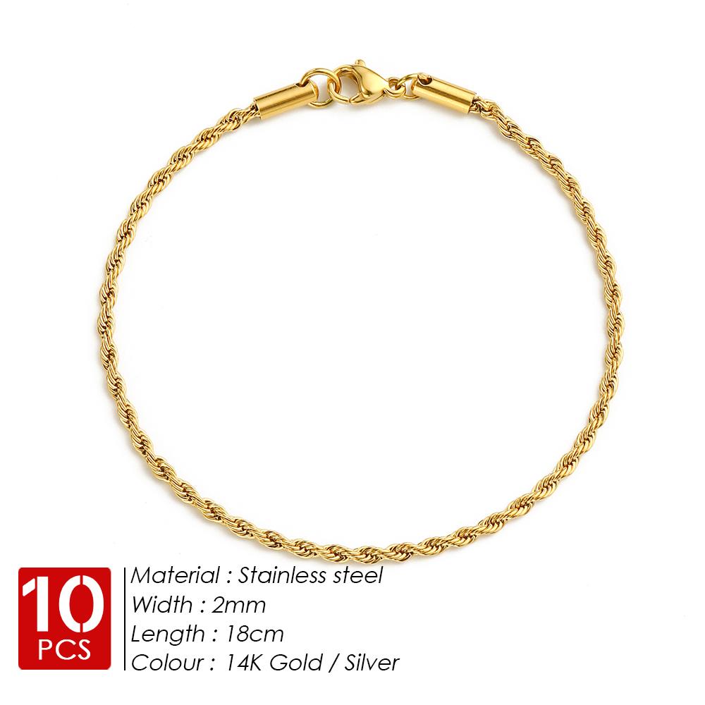EMANCO 10PCS Wholesale 2/3/4/5MM Gold Color Twisted Rope Chain Bracelet, Stainless Steel Hip Hop Punk Fashion Jewelry for Women