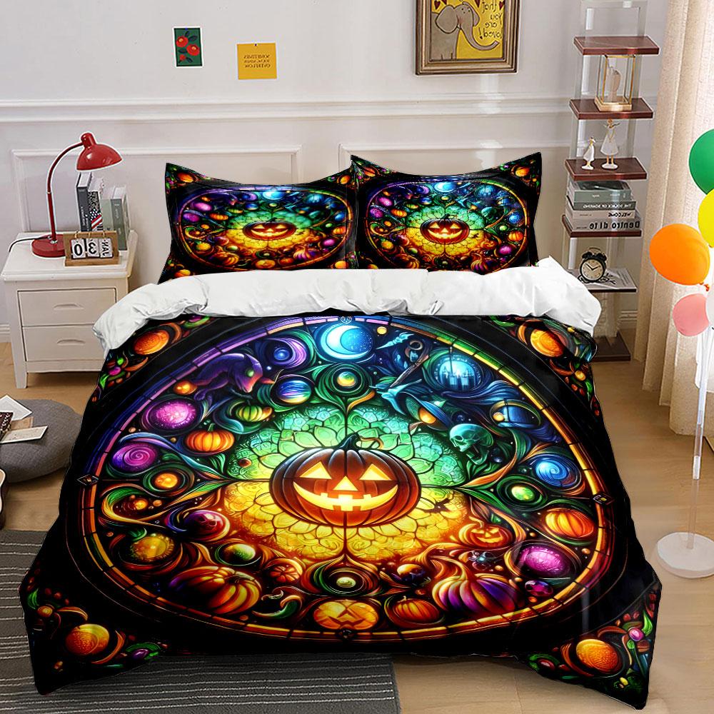 Halloween Decoration Set Pumpkin Artwork Bedding Set With 1 Duvet Cover 2 Pillowcases Single Double King Queen, Gift