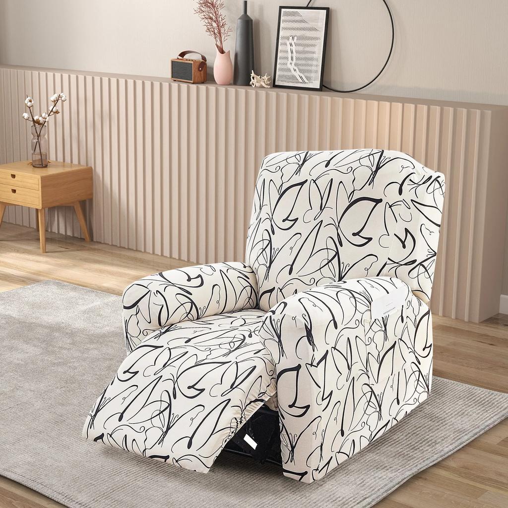 4Pcs Elastic Recliner Sofa Cover Printed Stretch Recliner Slipcovers with Side Pockets Non Slip Sofa Slipcovers for Living Room