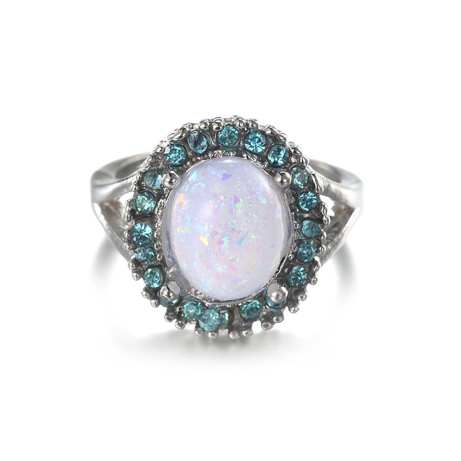 European and American Fashion Rhinestone Blue Oval Opal Ring