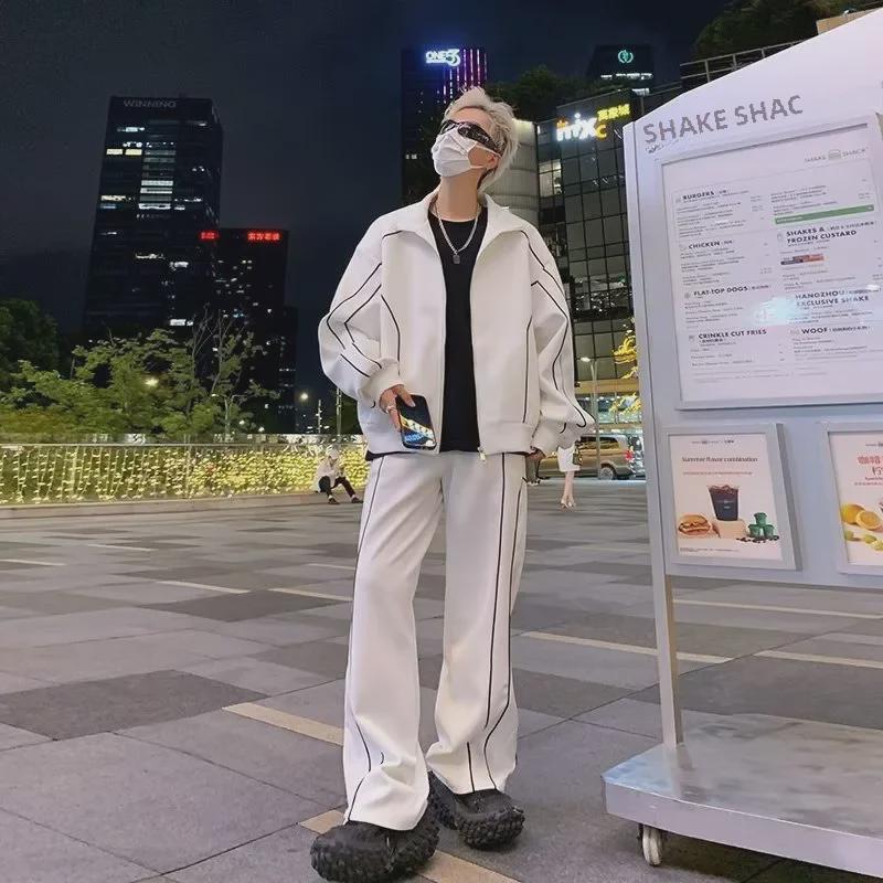 Men's Trendy Loose-Fit Sports Suit: Korean-Style Solid Color Jacket & Casual Pants Two-Piece Set for Spring/Autumn.