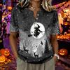 Women's Short Sleeve Henley Neck Shirt Cotton Linen Blend Casual Button Front Top Halloween Pumpkin Print