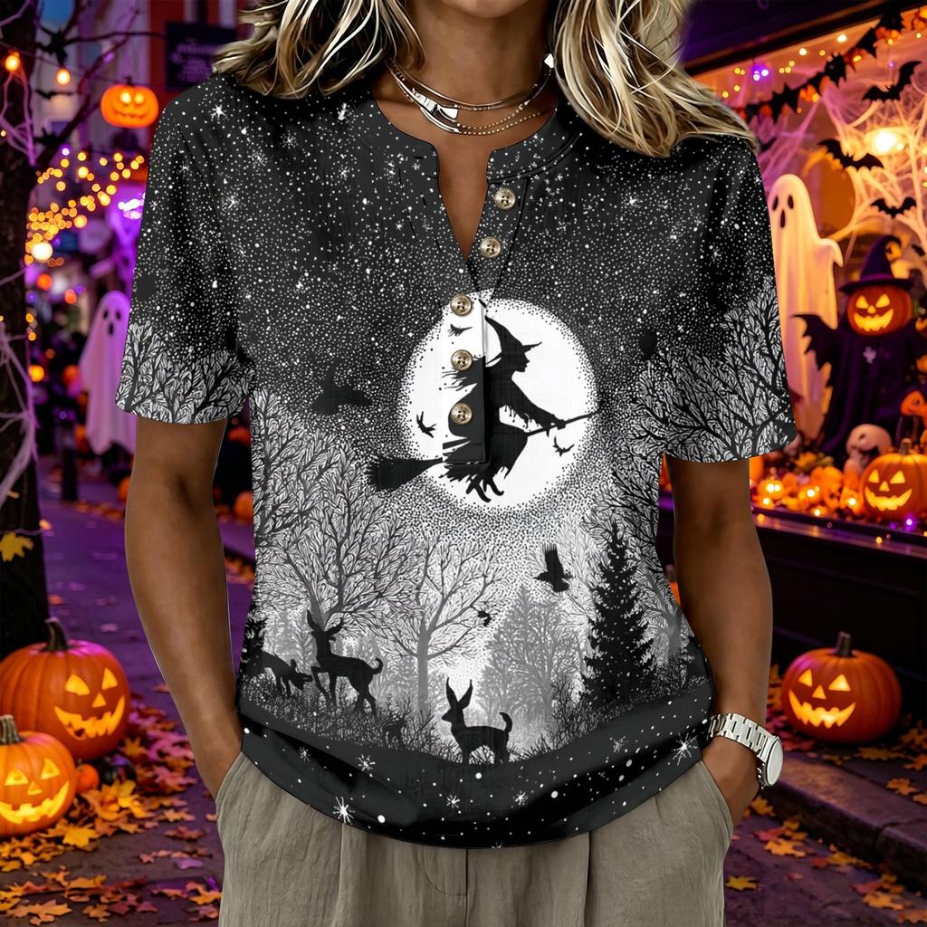 Women's Short Sleeve Henley Neck Shirt Cotton Linen Blend Casual Button Front Top Halloween Pumpkin Print
