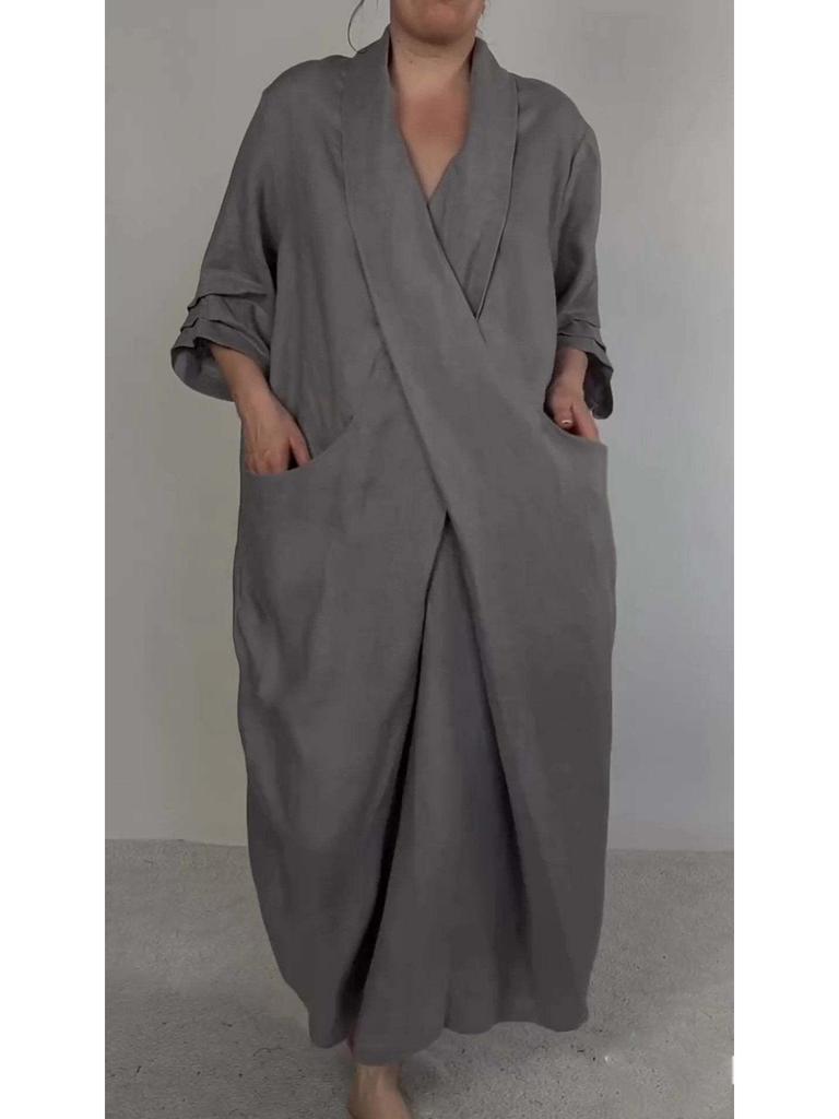 2026 Autumn Linen V-Neck Bathrobe Dress with Pockets - Solid Color, Casual, Loose, Slit Design