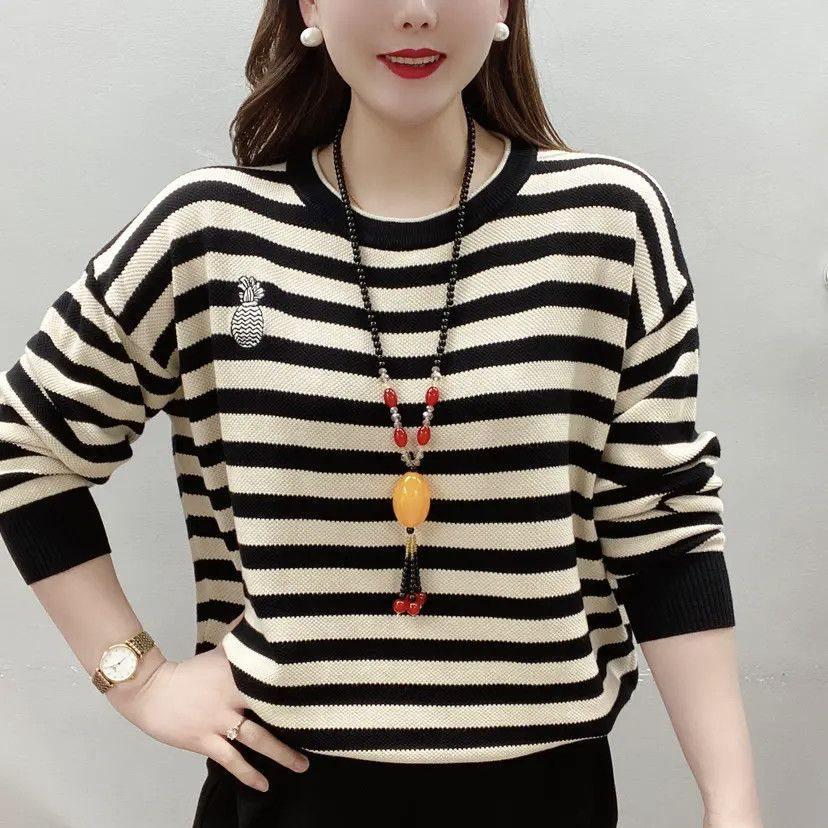 

Women s Spring & Autumn Striped Embroidered Tops - Loose Slimming Fit, Fashionable Round Neck, Thick Base Shirt 4XL (70-75 kg) горчичный/жёлтый