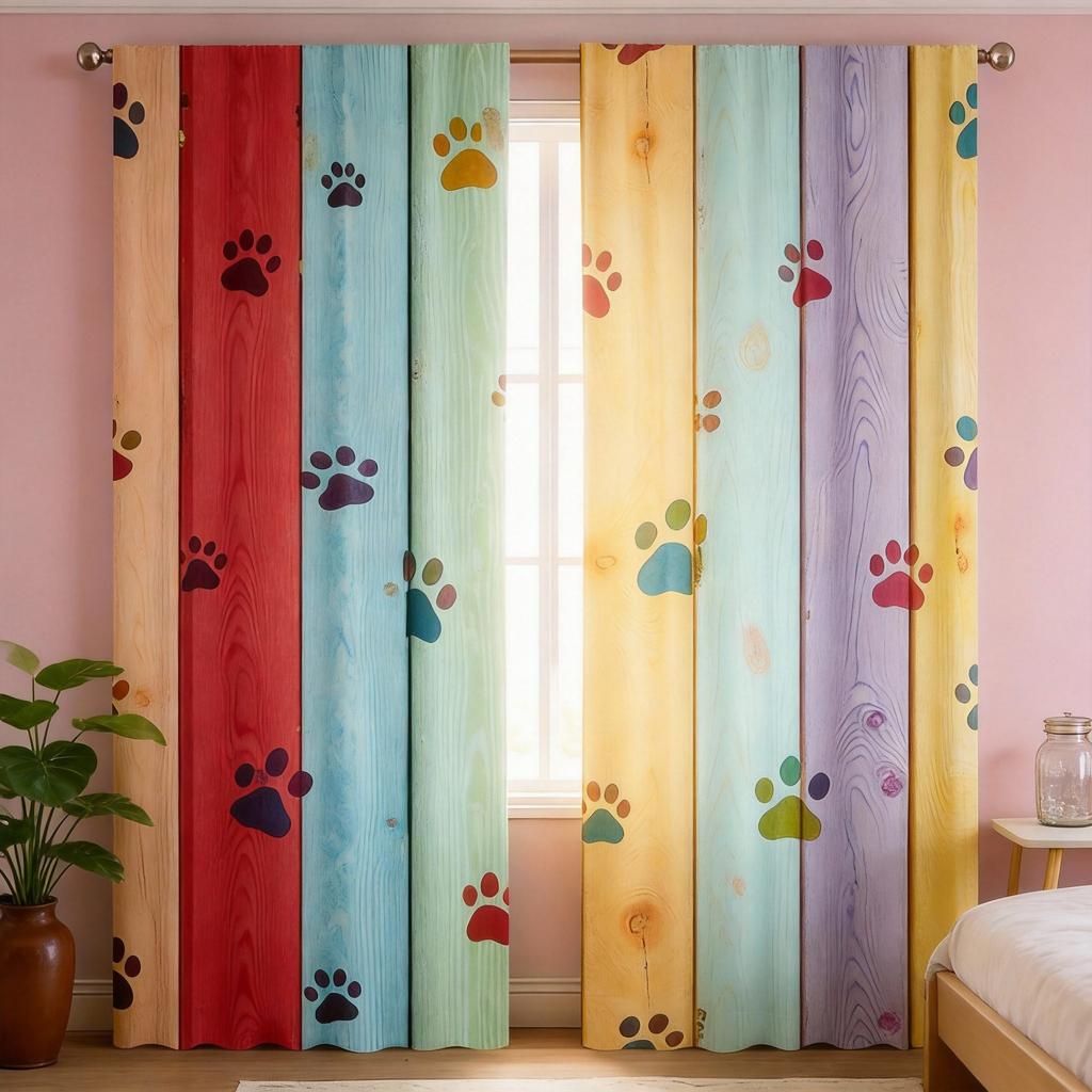 Rainbow Wood Curtains 2pcs – Dog Paw Prints on Pastel Planks, Whimsical Window Decor for Pet Lovers and Children’s Rooms