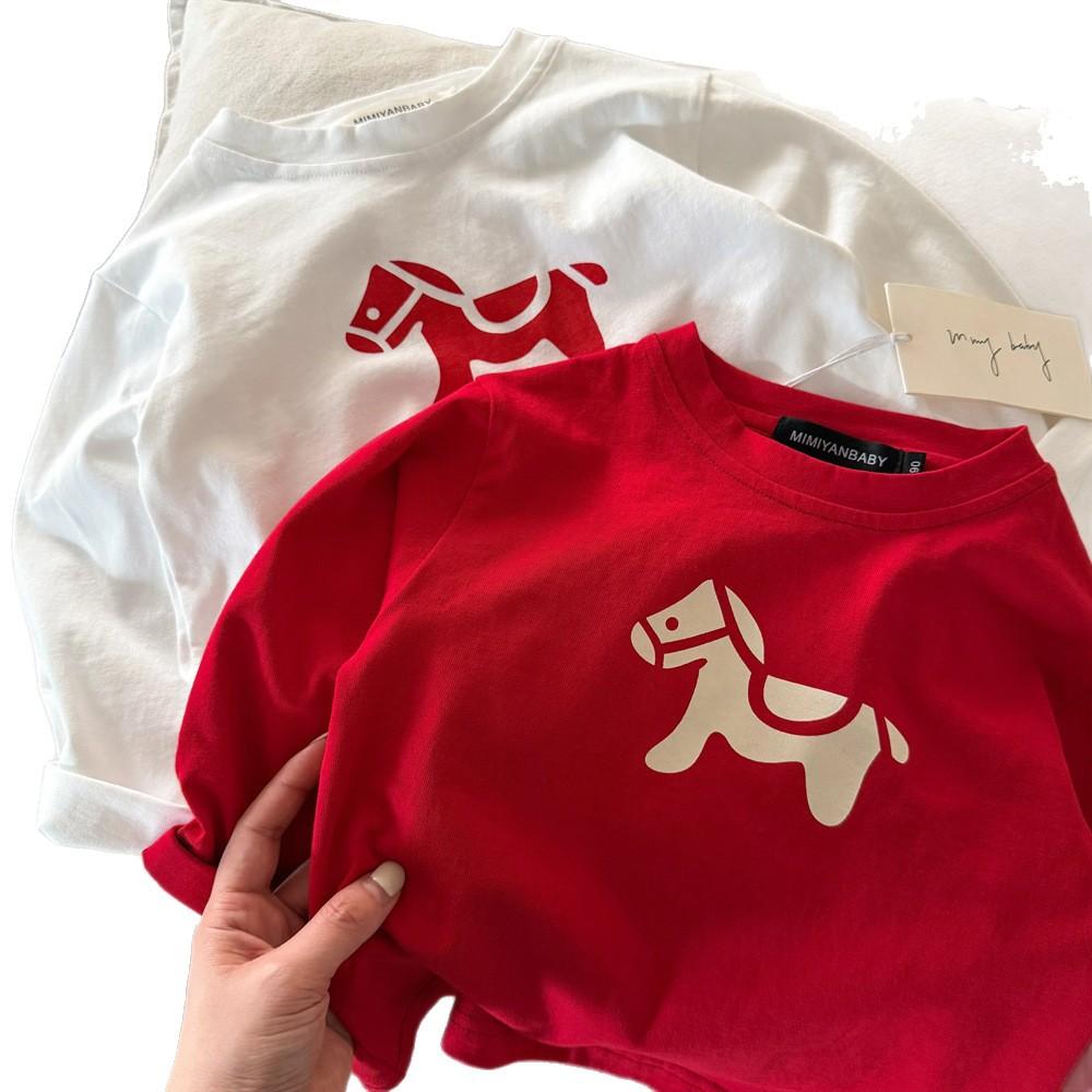 Boys Spring Long Sleeve Cotton Undershirt with Pony Print Casual Top