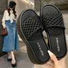 Large Size One-word Cool Slippers Summer New Solid Color Woven Hollow Square Head High Heels Thick-soled Thick-heeled Slippers