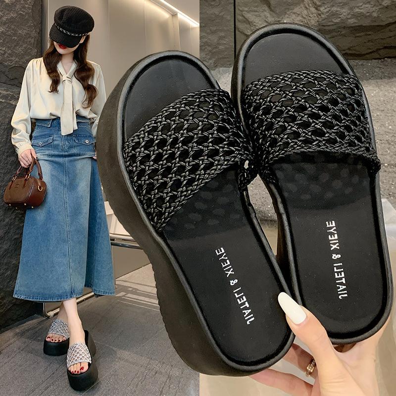 Large Size One-word Cool Slippers Summer New Solid Color Woven Hollow Square Head High Heels Thick-soled Thick-heeled Slippers