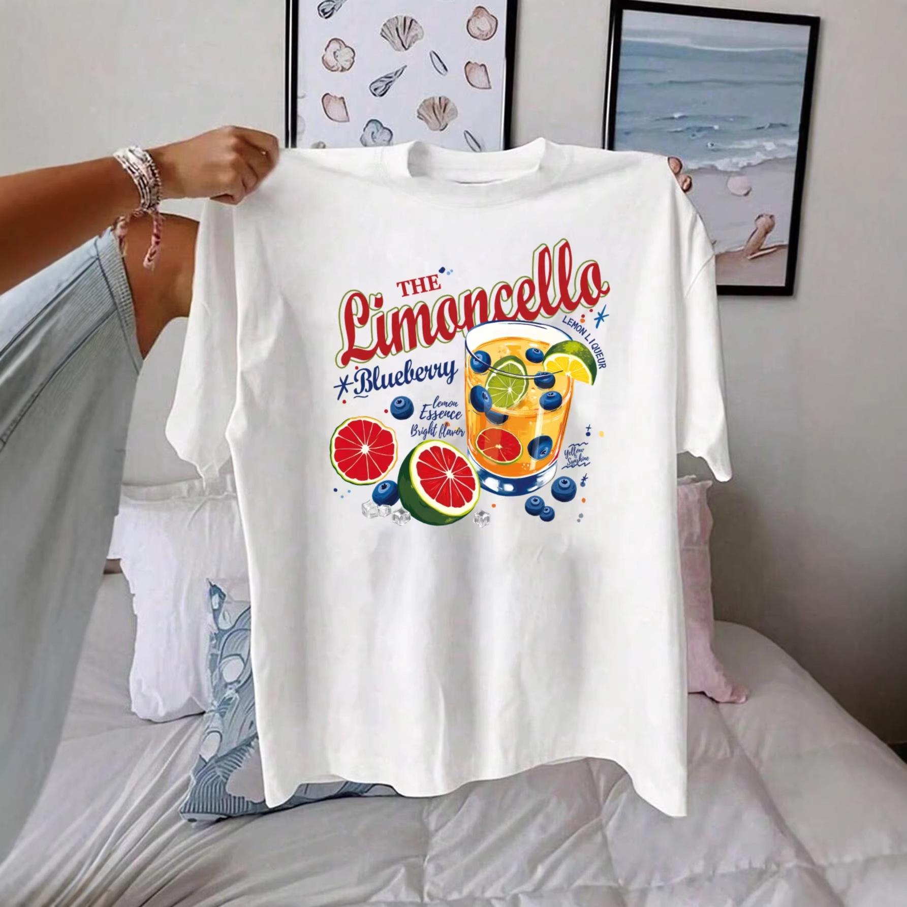 

Women s American Retro Limoncello Print Cotton Slimming T-shirt - Short Sleeve, Casual Summer Top M белый