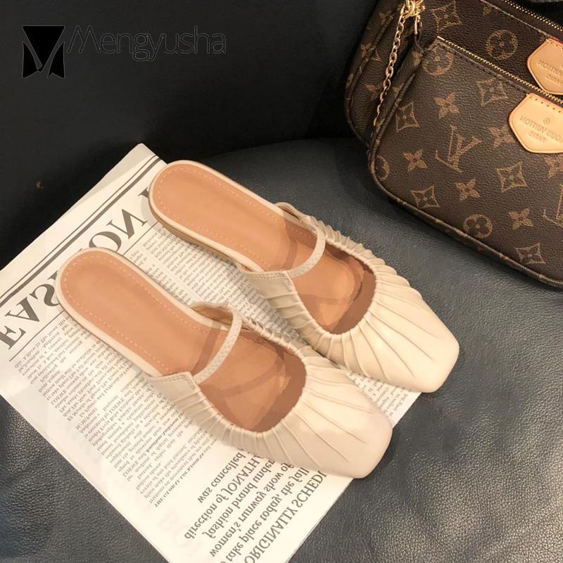 Fashion 2024 Solid Leather Sandals Woman Ruffles Mules Elastic Band Square Toe Slippers Home Flip Flops Low Heels Pleated Slides Shoes