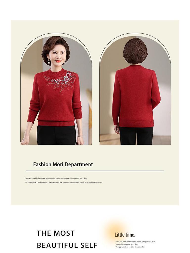 Mom's Velvet One-Piece Sweater for Women - Warm Embroidered Top for Middle-Aged & Elderly Women, Plus Velvet & Thickened for Autumn/Winter.