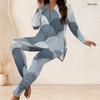 Women Plus Size Printed Half Zip Long Sleeve Longline Top And Fitted Pants Two Piece Set