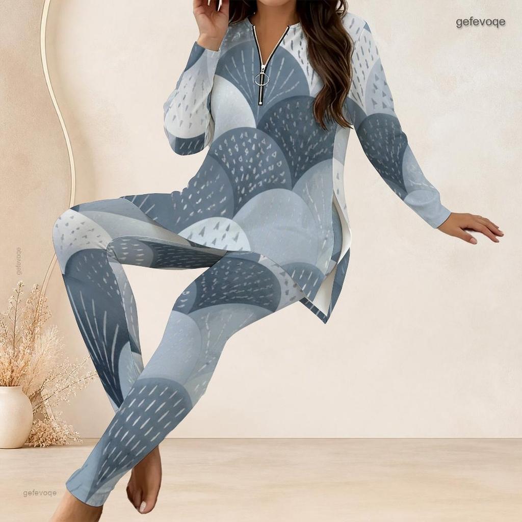 Women Plus Size Printed Half Zip Long Sleeve Longline Top And Fitted Pants Two Piece Set
