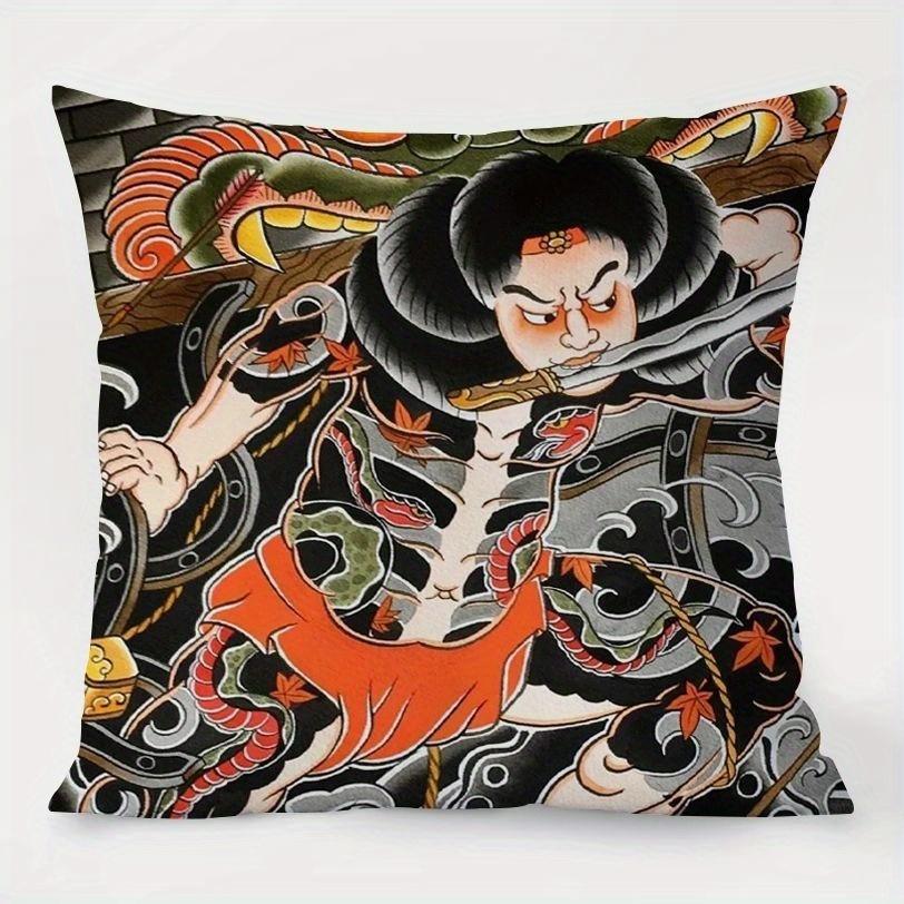 4-Pack Japanese Tattoo Inspired Pillow Covers, Unique Single-Sided Print Artistic Cushion Cases for Sofa and Home Decor