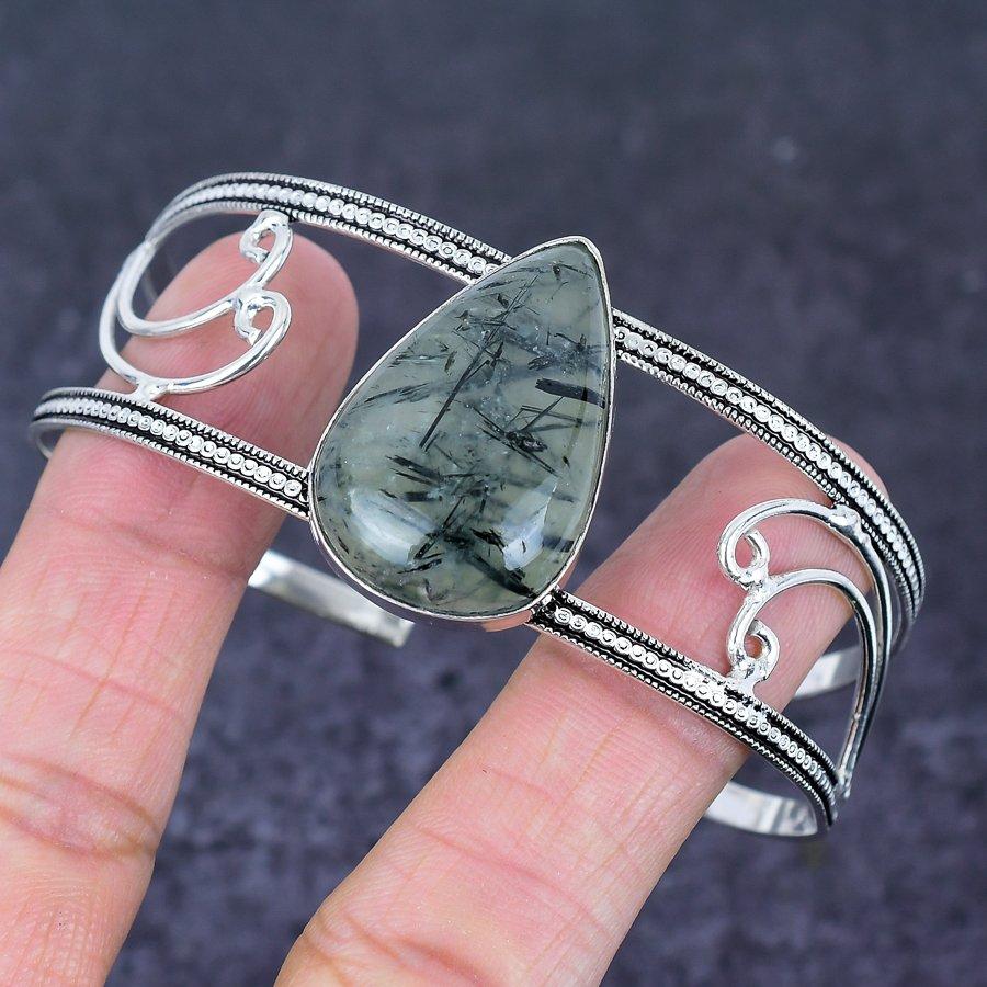 Natural Prehnite Gemstone 925 Sterling Silver Cuff Bangle Adjustable U9w50