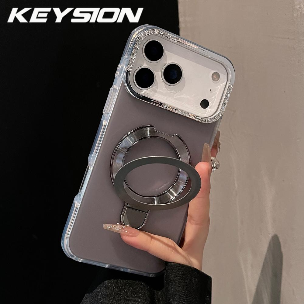 KEYSION Magnetic Jewelled Case for iPhone 16 17 Pro Max Air 16 Plus Transparent Matte TPU+PC Shockproof Ring Stand Phone Cover