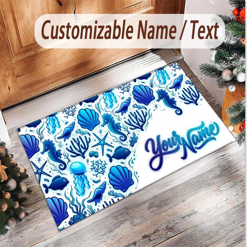 Fish Ocean Theme Soft Crystal Velvet Rug Custom Name & Text Print Non Slip Floor Rug for Bedroom Living Room