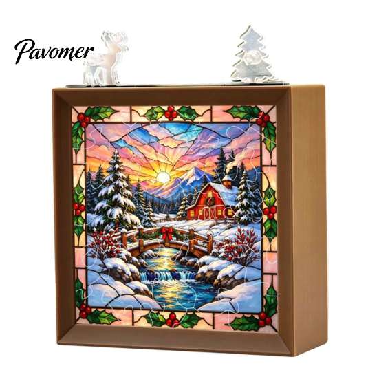 Decorative Room Lighting Christmas Acrylic Puzzle Night Light with Wooden Frame, DIY Stained Glass Style Creative Gift for Kids Jigsaw Lamp