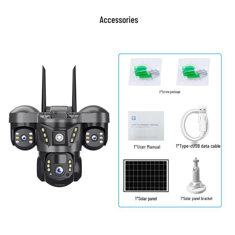 V380 True Triple-Lens Solar 4G Outdoor Waterproof Surveillance Camera