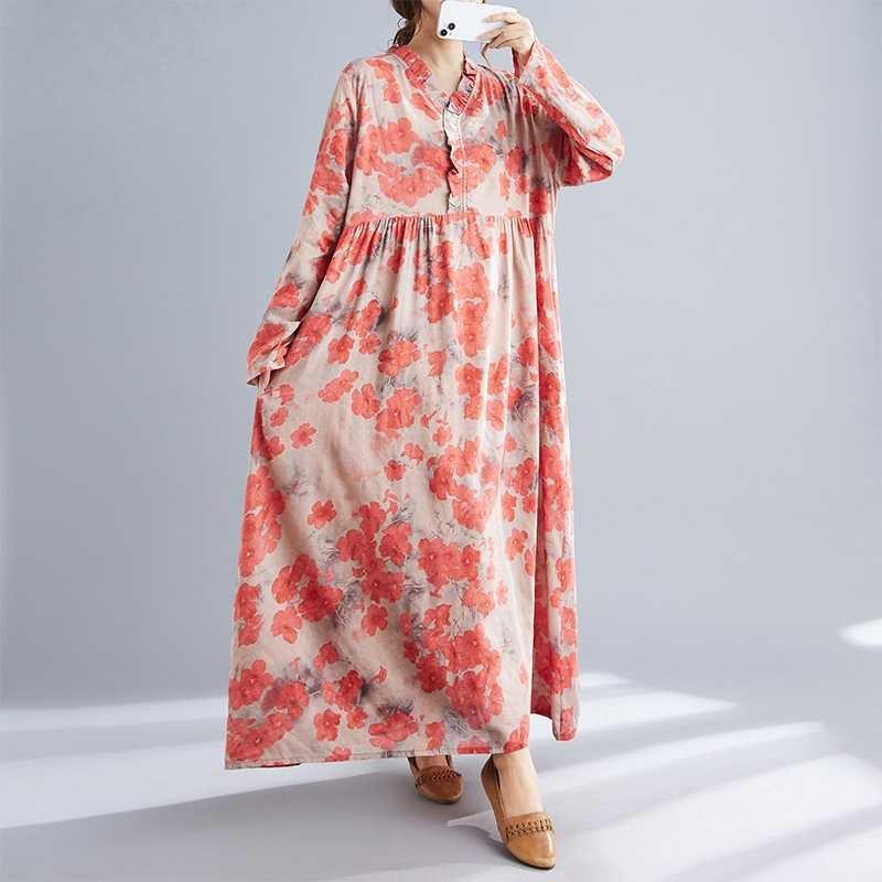New Retro Printed Loose Belly Shading Mulle Lace Long Sleeve Dresses