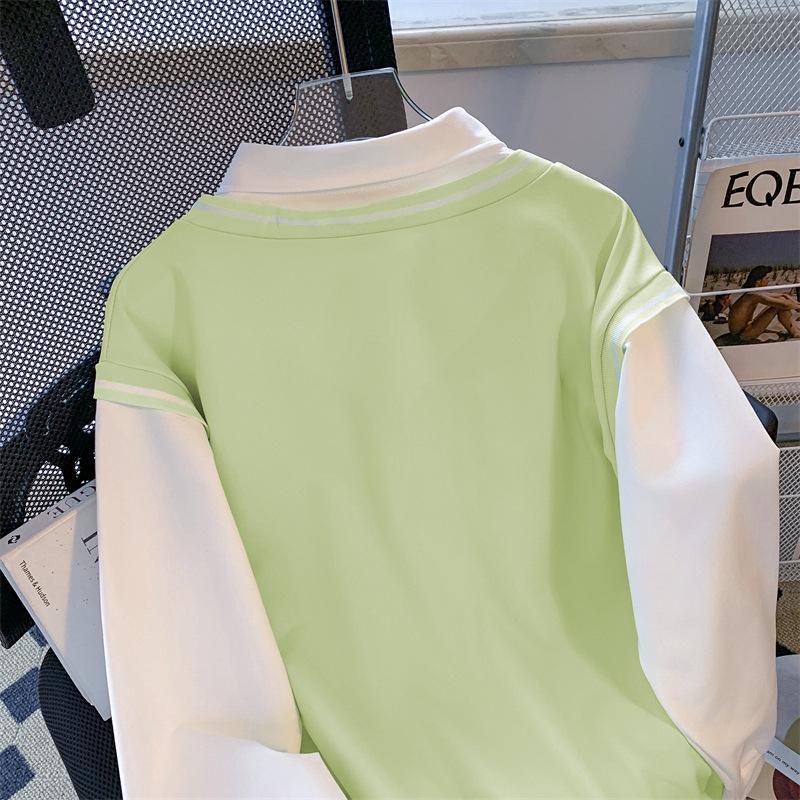 2024 Autumn Women's High-End Spliced Polo Sweatshirt - Long Sleeve, Loose, Slimming, Versatile Design