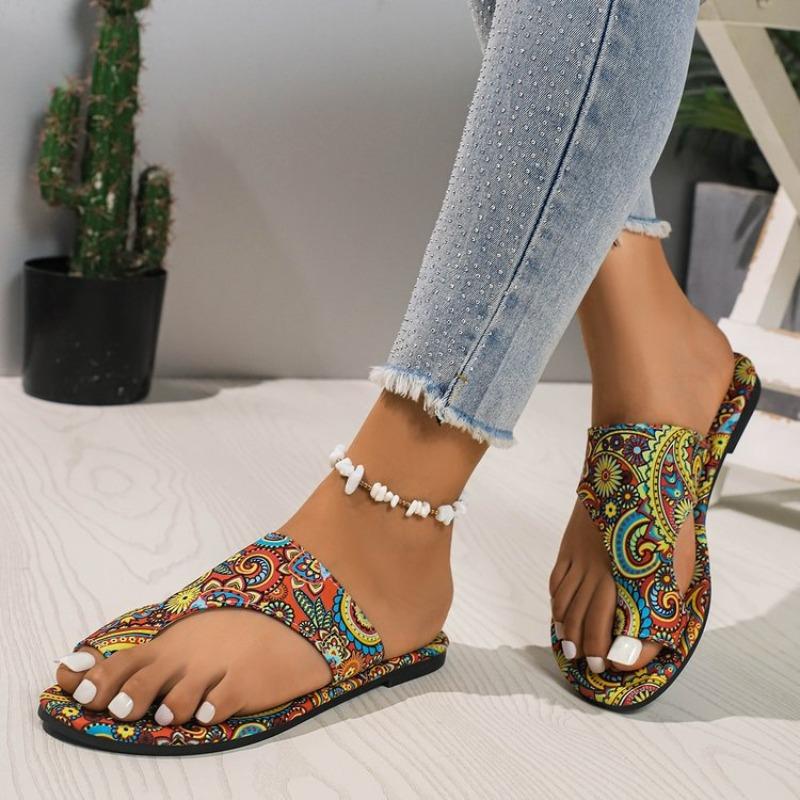 Large size cool slippers women's  summer new flat bottom printing set toe style flat heel