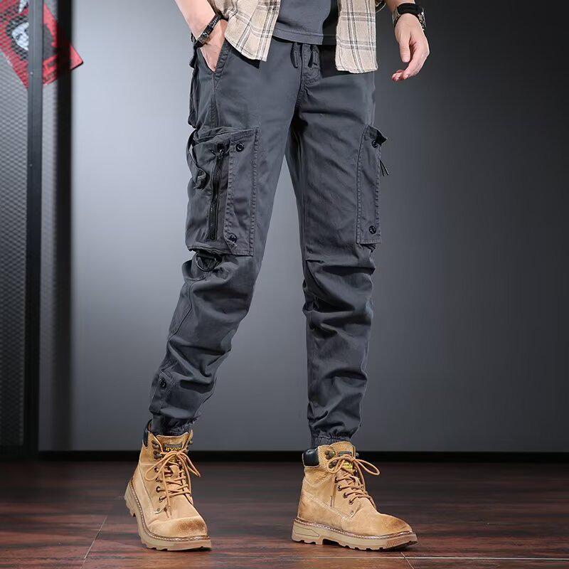 Men's Slim-Fit Multi-Pocket Cuffed Pants for Spring, Autumn, and Winter Motorcycle Wear.