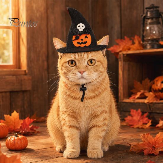 Lightweight Pet Headgear Halloween Cat Witch Hat, Fun Hat with Adjustable Elastic Strap, Cartoon Ghost Pumpkin Bat Skull for Cats Small Dogs