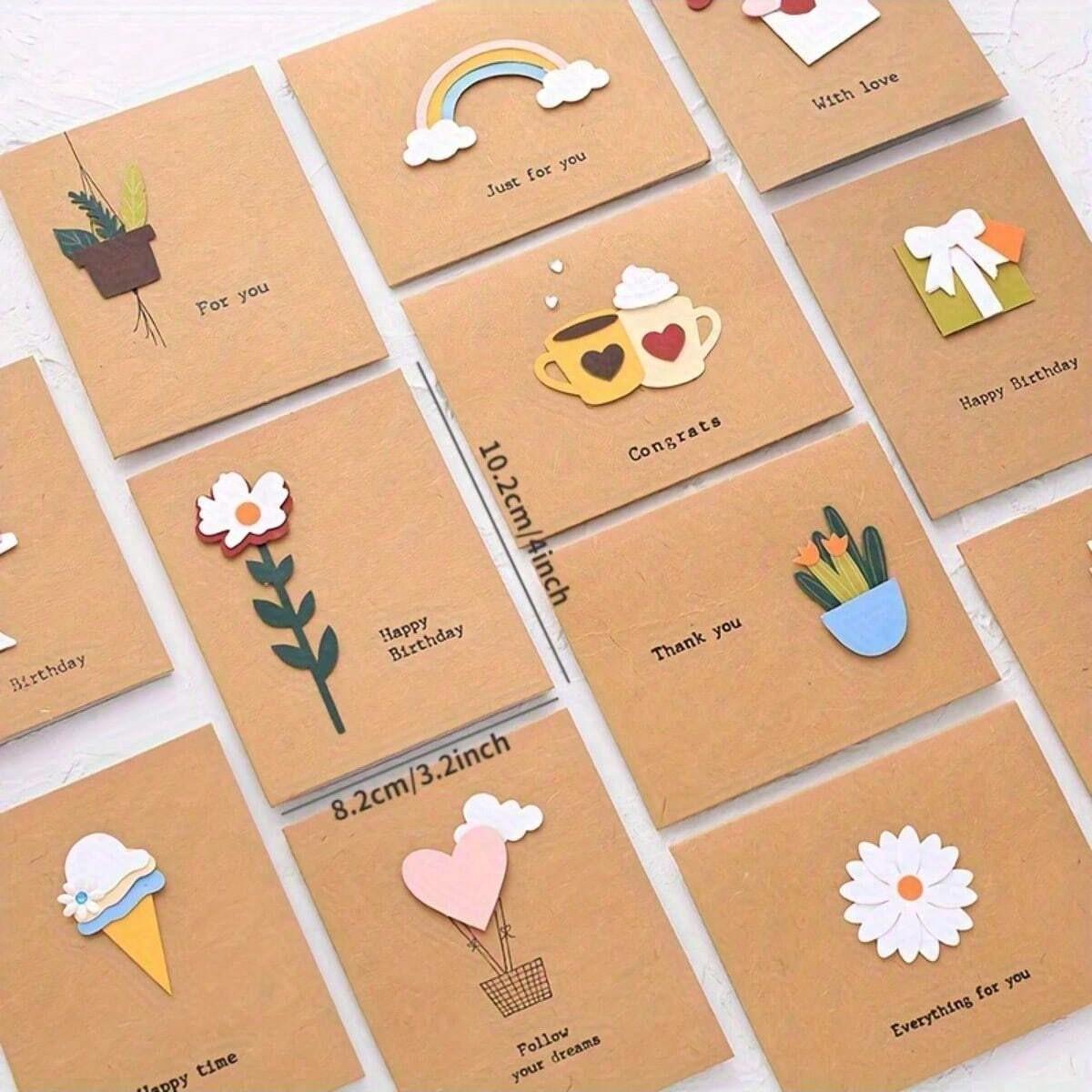 

12pcs 3D Greeting Cards Suit With Envelope Birthday Gift Thanksgiving Blessing Thank You Card Retro DIY Homemade Materials