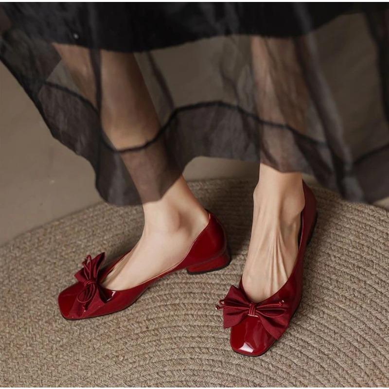 Fashion Black Kawaii Ladies Summer Footwear Square Toe Cute Low Heel Elegant with Bow Shoes for Women Red Y2k On Offer Chic Point