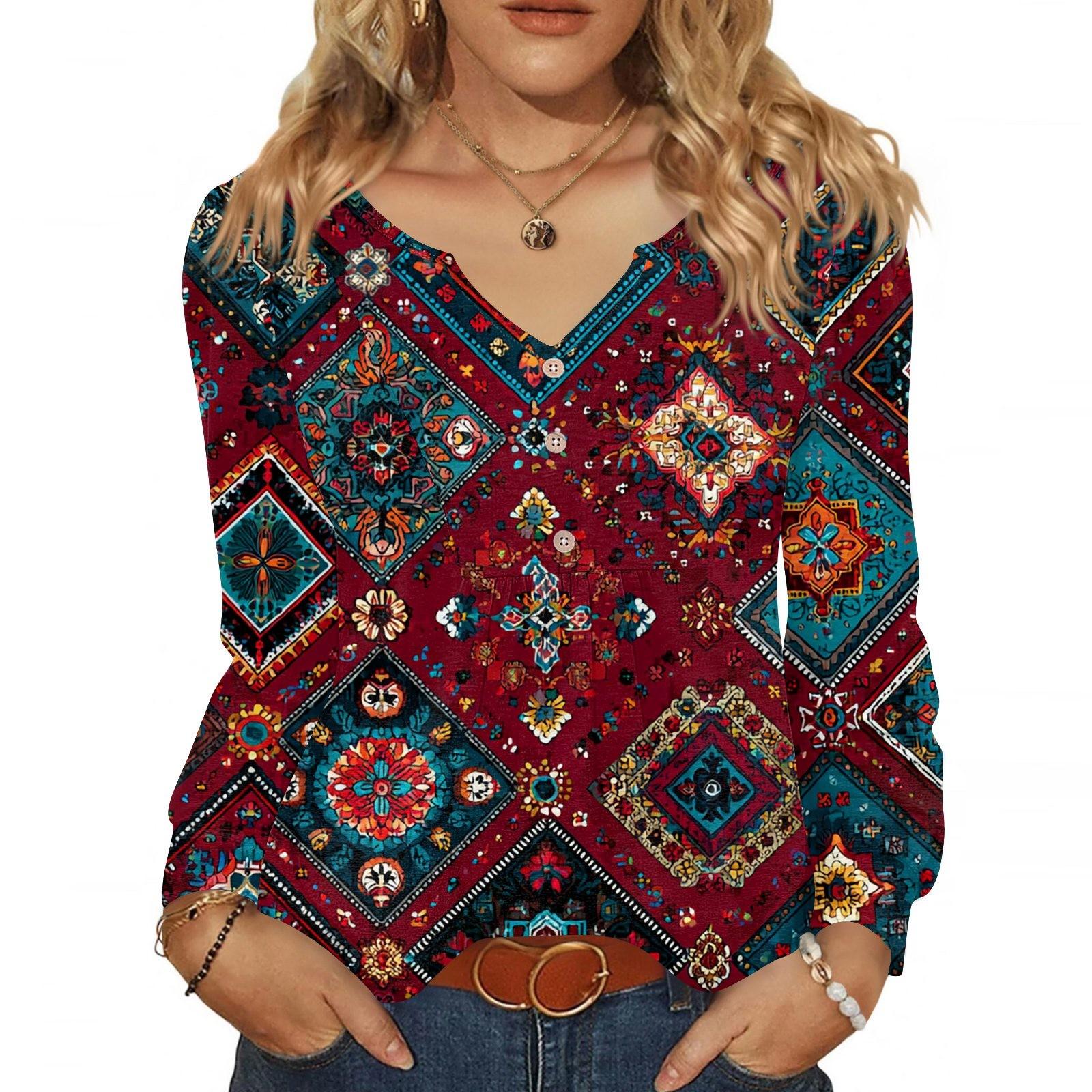 

Женская модная повседневная блузка с V-образным вырезом на пуговицах, с длинным рукавом, пуловер, футболка, топ XL винный