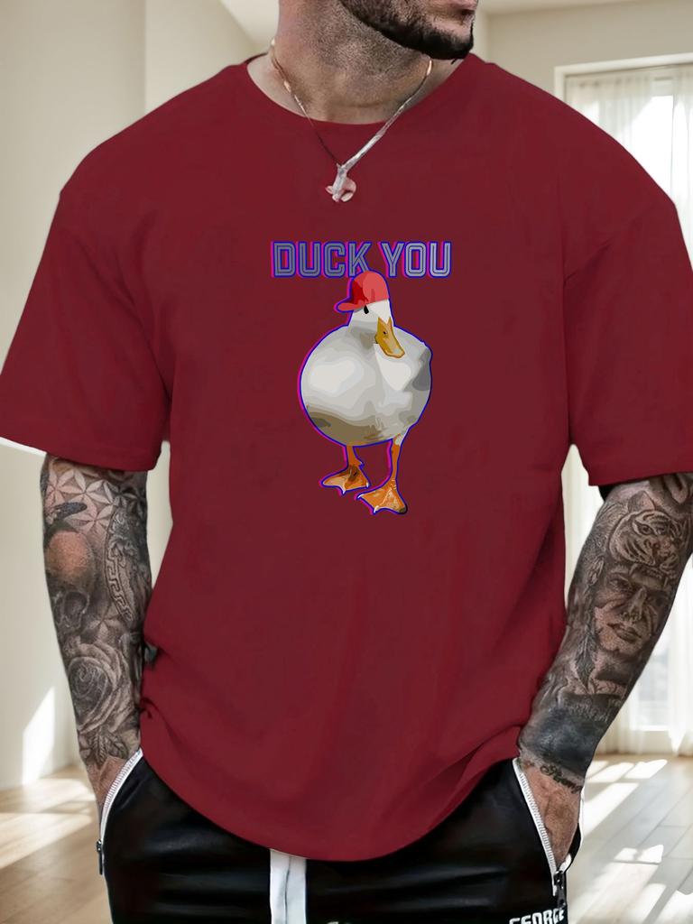 Mens Funny Duck Graphic Cotton TShirt DUCK YOU Red Hat Duck Pattern Short Sleeve Breathable Comfort Fit Casual Daily Wear Top