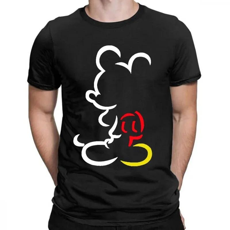 Cotton Black T-shirt for Men Disney Mickey Mouse Pattern Women's T-shirt Anime Tops Summer Fashion Couples Section Short-Sleeved