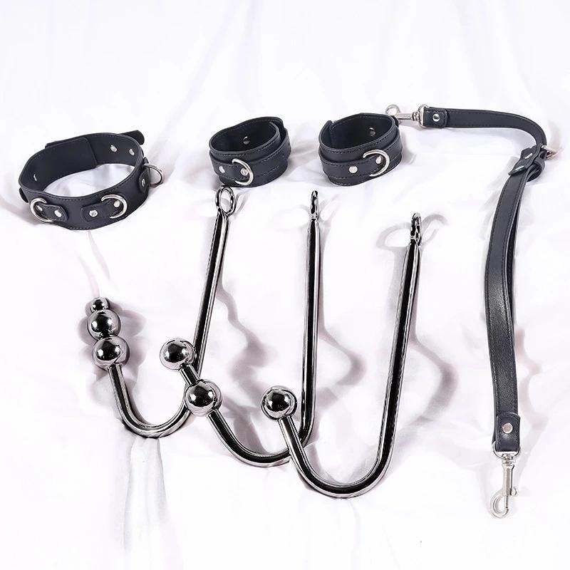 Bdsm Collar Mouth Plug Anal Hook Bondage Kit Flirt Adults Games Sex Handcuffs Anal Hook Adjustable Size Leather Metal Buttplug