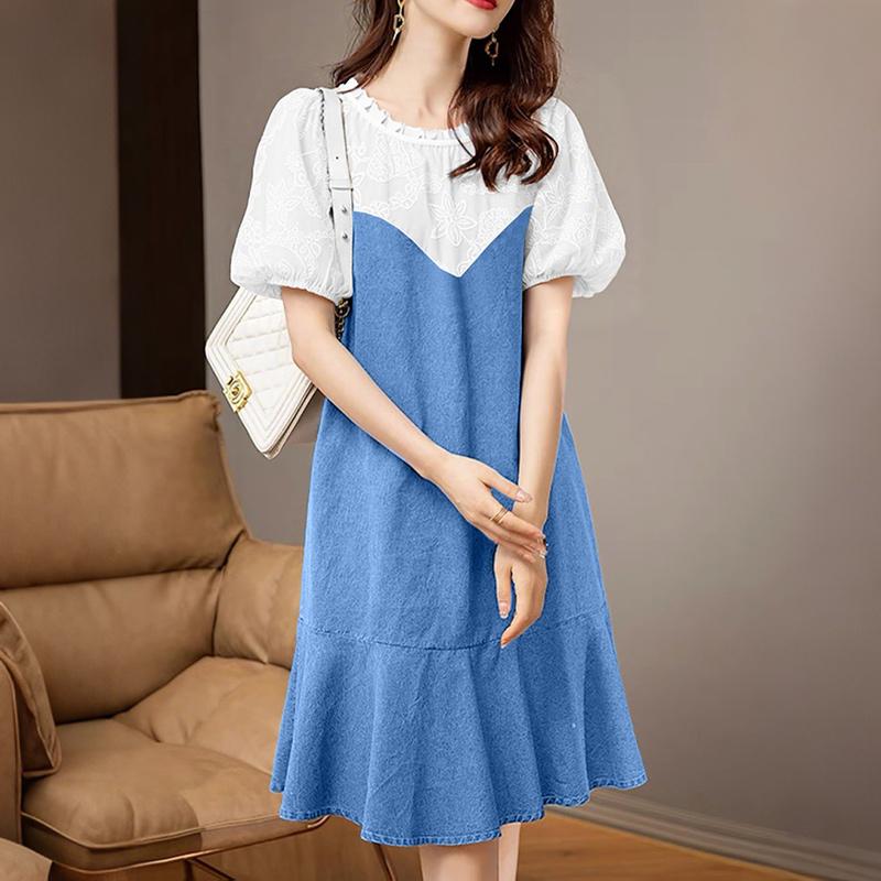 ZANZEA Women Fashion Embroidery Patchwork Casual Round Neck Short Sleeve Dress S синий