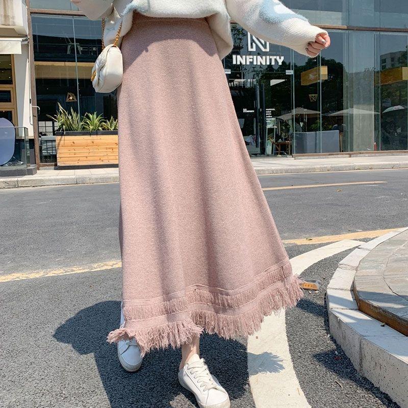 Pletená midi sukně pro ženy podzim zima A-liniová sukně k sladění se svetry v zimě