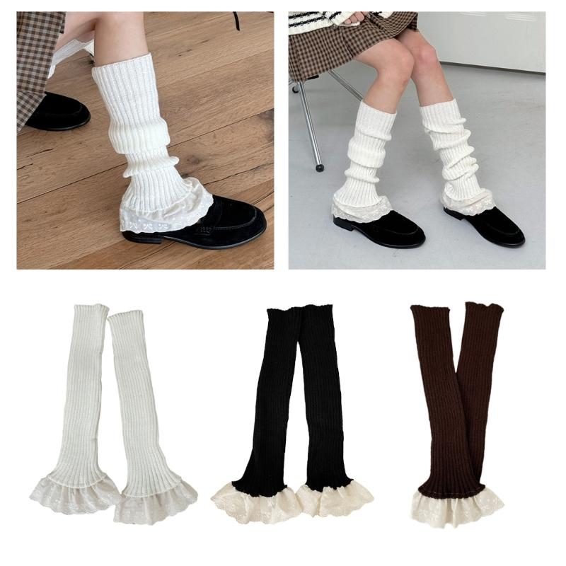 Ribbed Knitted Vertical Striped Leg Warmers Boot Cuffs Cute Ruffled Lace Hem Leg Covers Over Calf Long Socks for Women