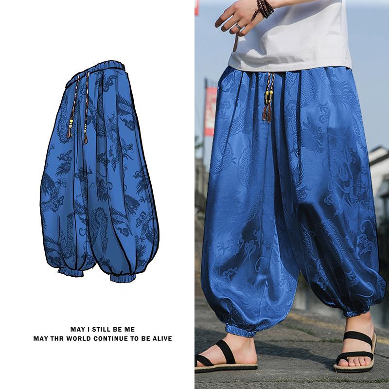 Outdoor Brand Pants for Men Lce Silk Dragon Dark Flower Loose Bloomers High Quality Wide Leg Casual Trousers Male