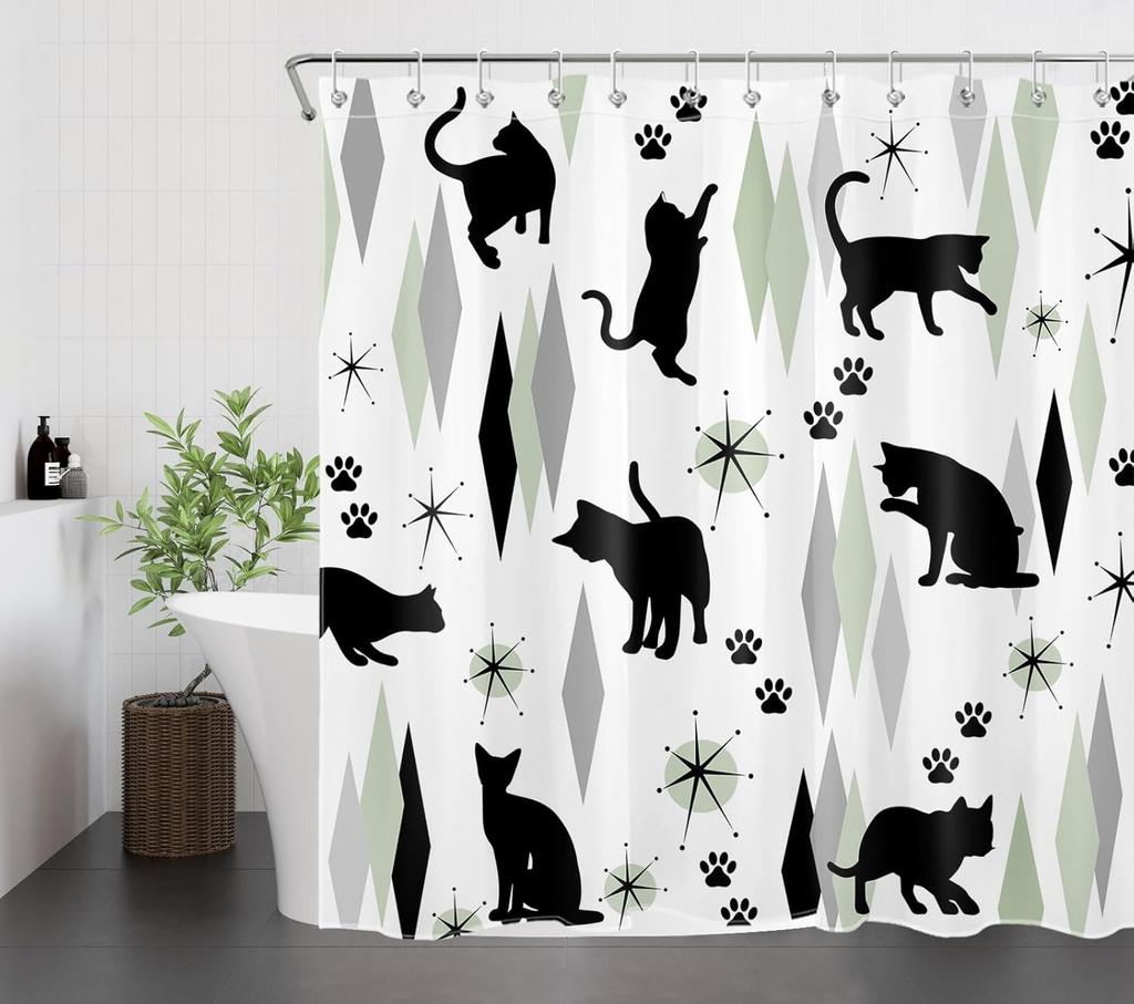 Sprchový závěs Černá kočka ze středního století Pro koupelnu Boho Šalvějově zelená a šedá Geometrická látka Sprchový závěs Retro Roztomilé zvíře
