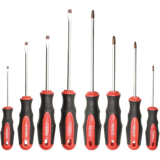 ROTATION 8-Piece Magnetic Screwdrivers Set with red tip, 4 Phillips and 4 Slotted Tips, Professional Cushion Grip Screwdriver Set with High Torque