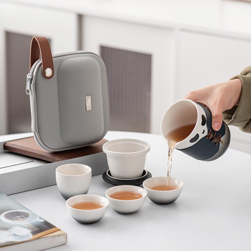 High-end Panda Kung Fu Travel Tea Set, One Pot, Two, Three, Four Cups, Portable Business Commemorative Birthday Gift.