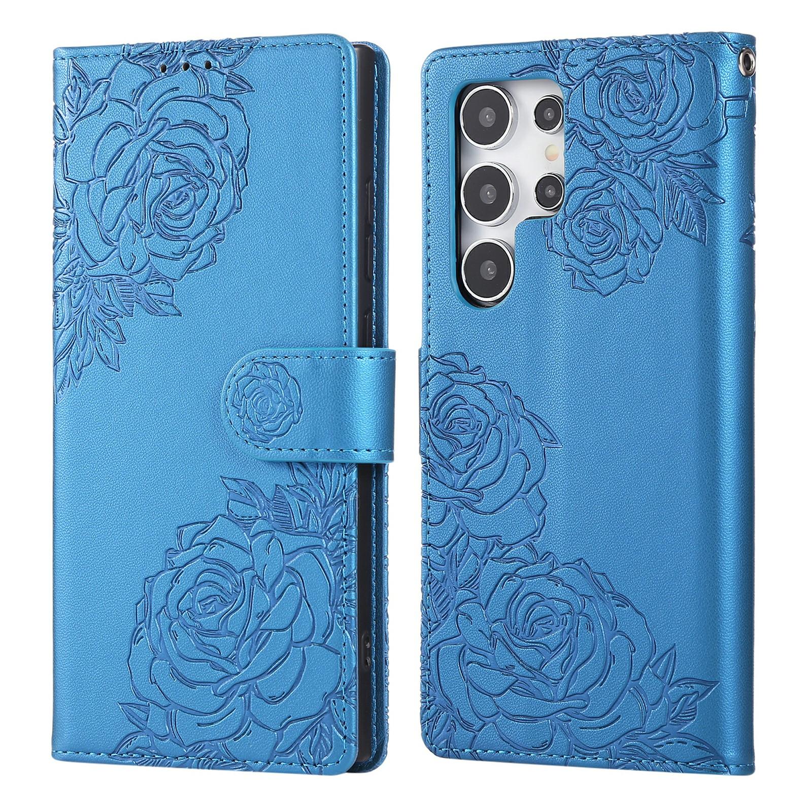 

For Samsung Galaxy S24 Ultra Case Rose Flower PU Leather Wallet Phone Cover with 3 Card Slots Blue