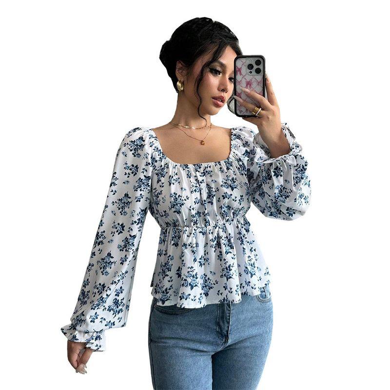 Square-Neck Puffed Sleep Top Fashion Square Collar Puff Sleeve Floral Long Sleeves Open Back