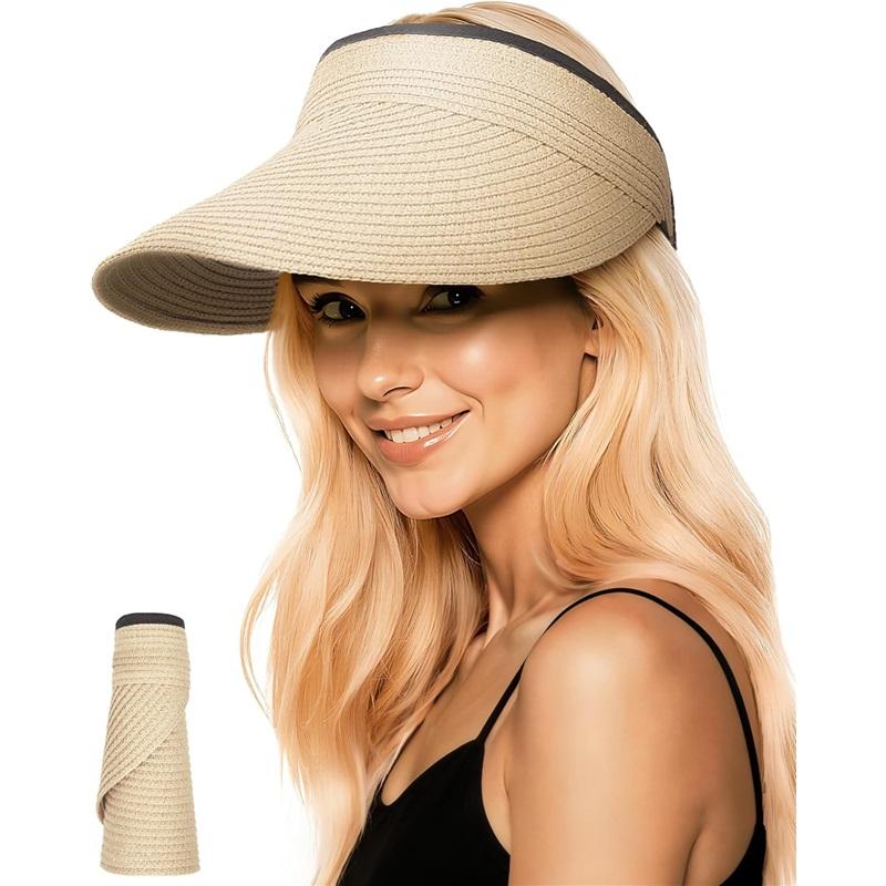 Modische Sonnenhüte mit Schirm für Damen, Stroh-Strandhut, Verstellbarer breiter Rand, für Pferdeschwanz, Zusammenfaltbar für Sommerreisen, UPF 50
