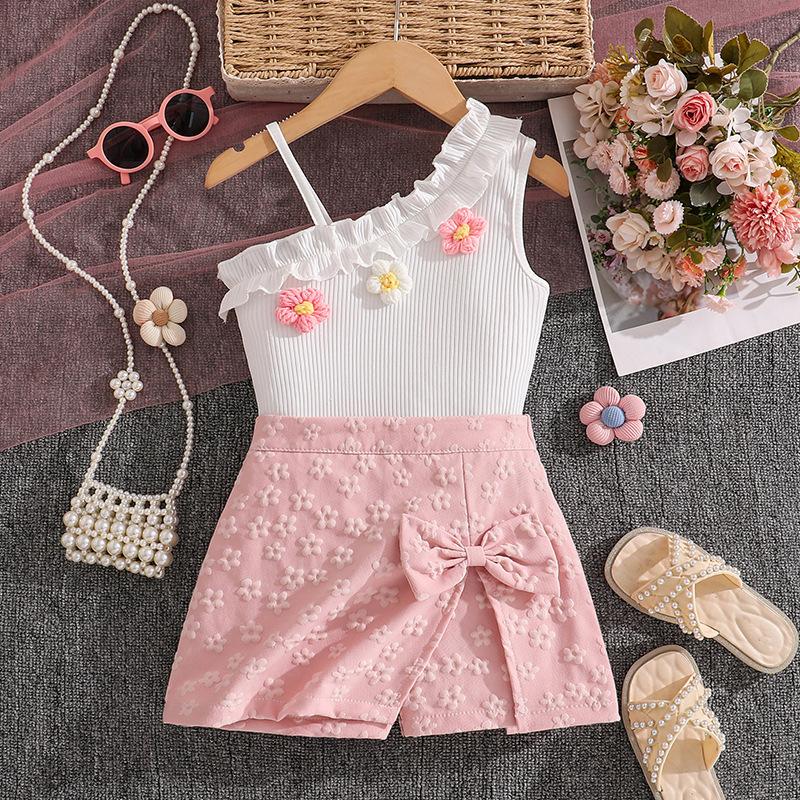 

Солодкий набір для дівчаток на весну та літо Дитячі топи на одне плече з зав язками, Топи з квітами та Набір штанів з бантом 130cm=7Y білий