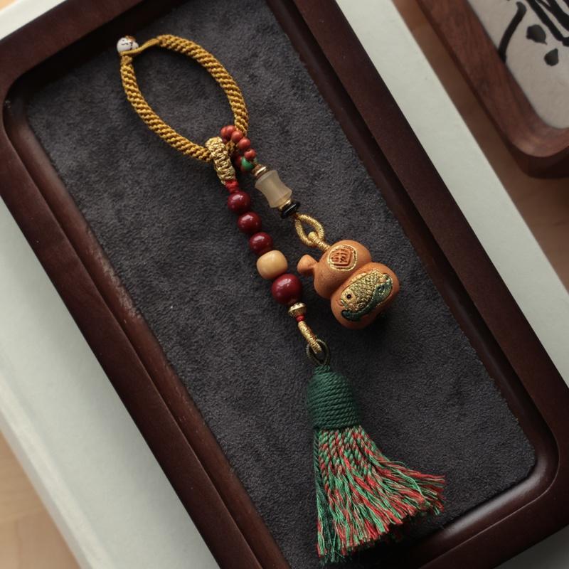 Peach Wood Koi Gourd Keychain 22G With Cinnabar Buddha Bead Hanging Decoration Diy Pendant Accessories Fashion Jewelry Charm
